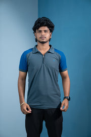 Dual-Tone Short Sleeve Zipper Collar T-Shirt for Men Trending Korean Fit-Grey